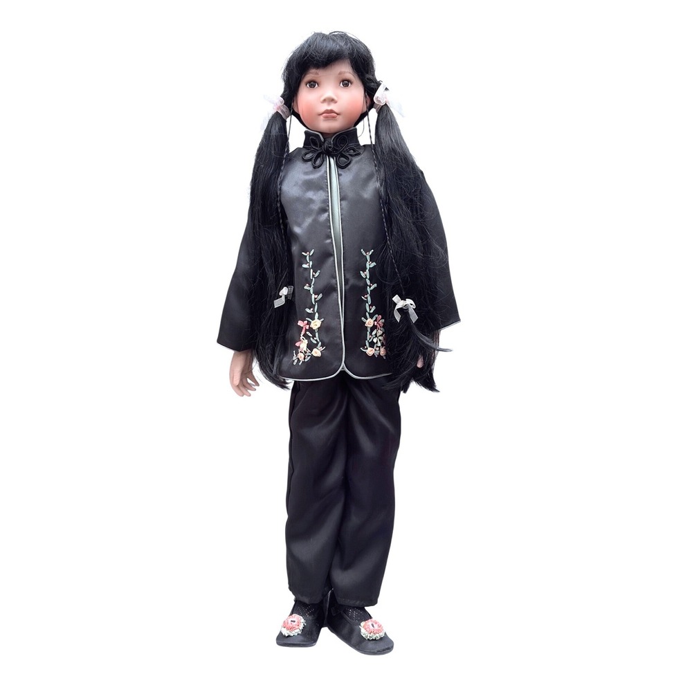 Linda Mason Porcelain Asian Girl Doll E499 Black Satin Outfit Long Hair 30"